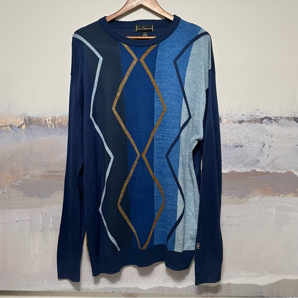 STACY ADAMS Knit Sweater Mens XL Abstract Retro Hip Hop Long Sleeve Blue Multi